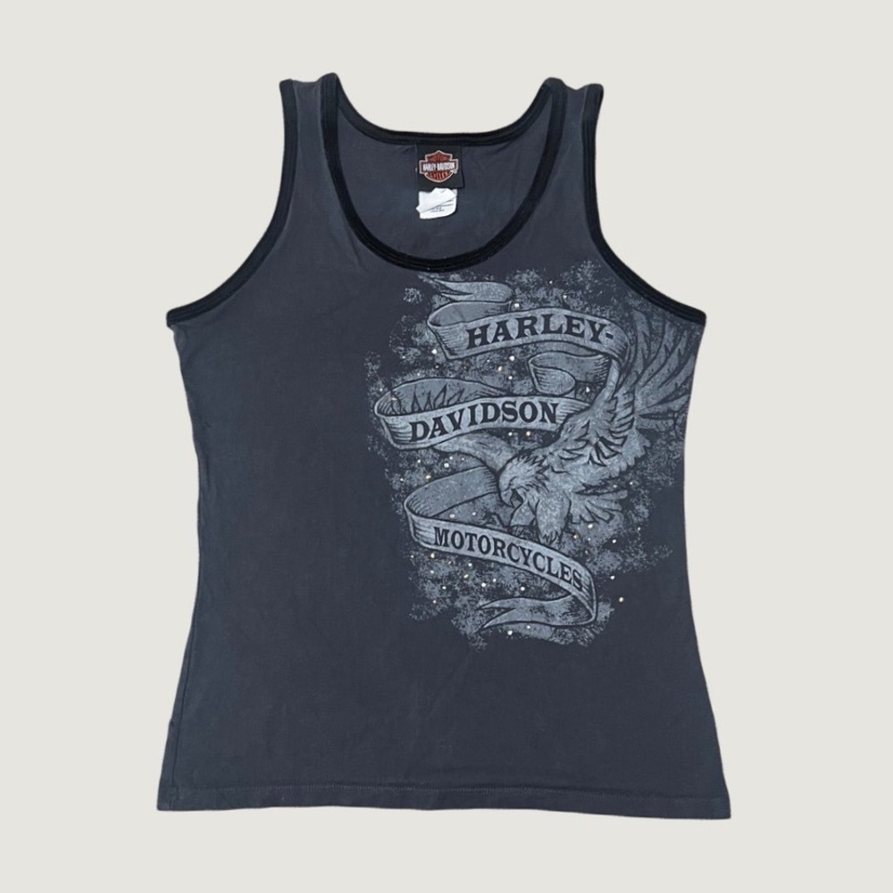 Vintage 2000s Tank Top Biker Gray Harley Davidson Singapore Eagle Rhinestone XL
